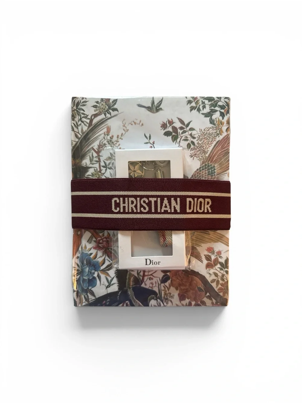 Dior Floral Hardcover Notebook with Burgundy Elastic Band/Dior keychain